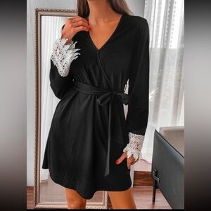 Contrast Guipure Lace Cuff Belted Dress